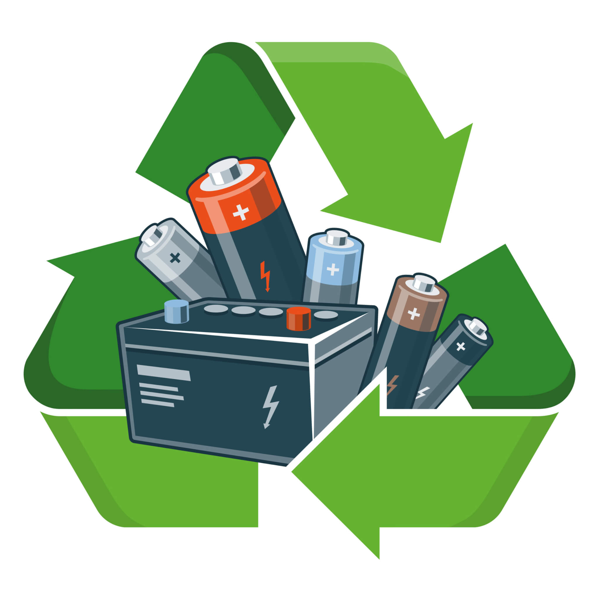 Used,Batteries,With,Green,Recycling,Symbol,In,Cartoon,Style.,Isolated