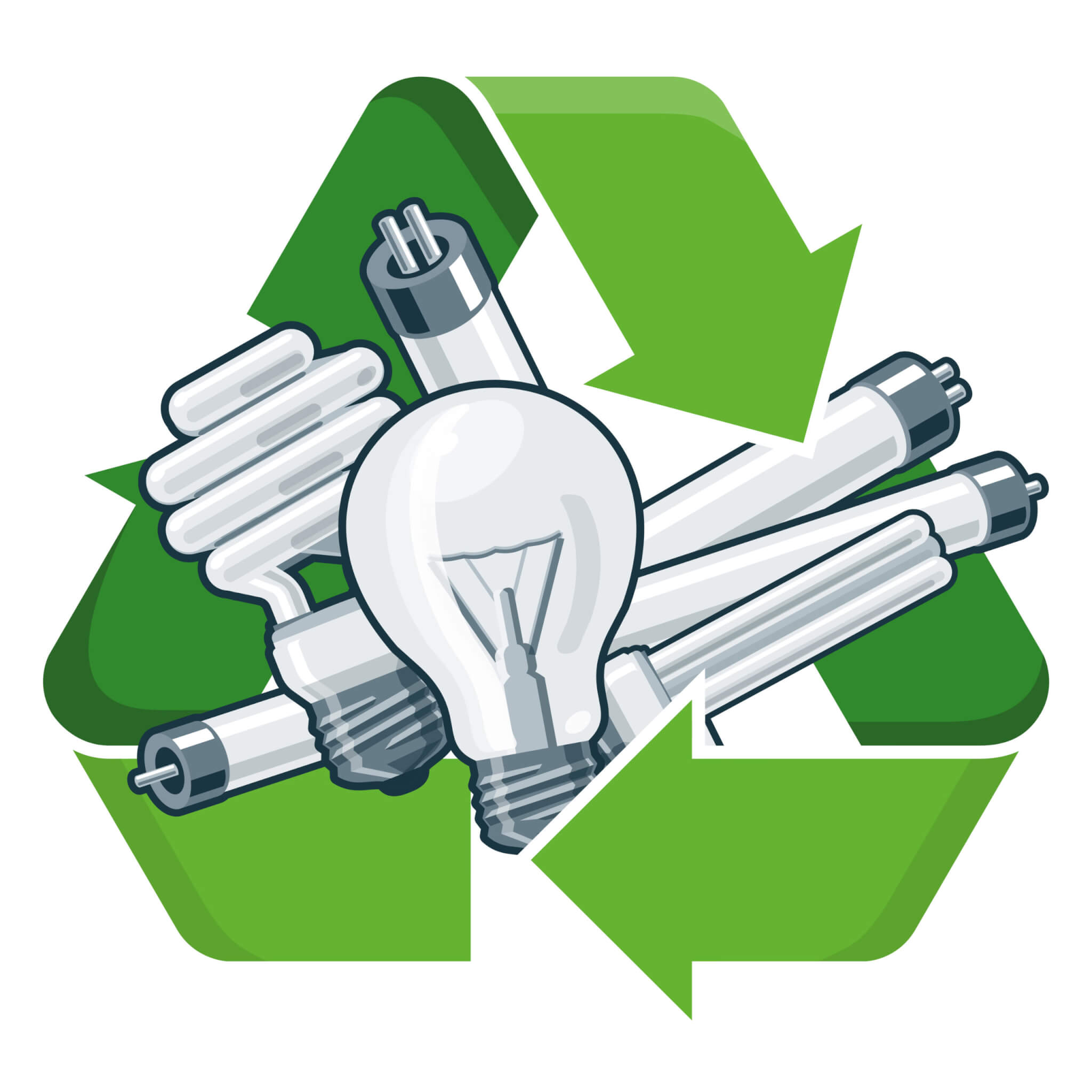 Used,Light,Bulbs,With,Green,Recycling,Symbol,In,Cartoon,Style.